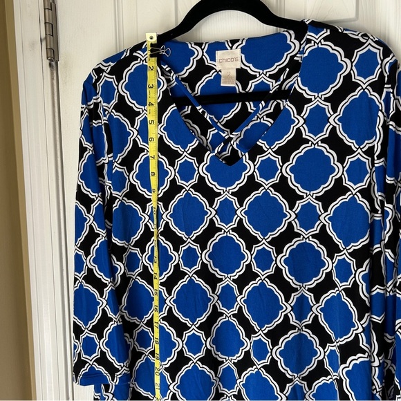 Chico's, Large blue, black and white, pullover blouse with a crisscross detail - Picture 4 of 4